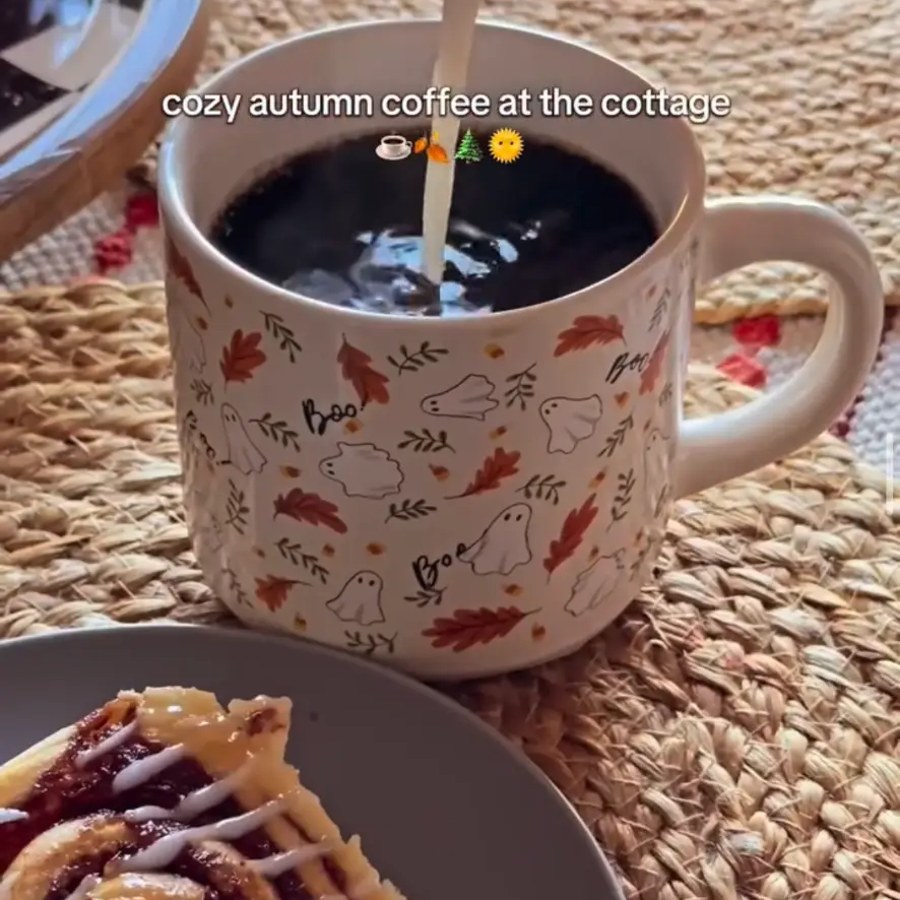 Cozy autumn coffee and a cinnamon bun at the cottage